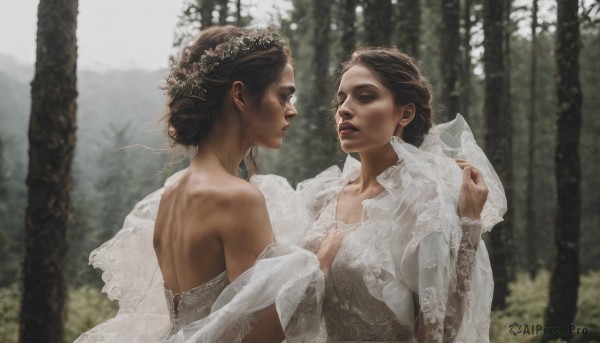 long hair,multiple girls,brown hair,black hair,hair ornament,dress,2girls,bare shoulders,closed eyes,upper body,braid,flower,outdoors,white dress,yuri,blurry,looking at another,tree,lips,strapless,makeup,blurry background,nature,veil,forest,wedding dress,realistic,head wreath,bride,wife and wife,open mouth,jewelry,earrings,parted lips,hair bun,tiara,couple,strapless dress,bridal veil