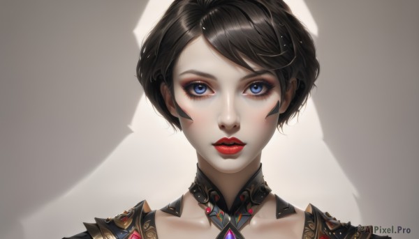 1girl,solo,looking at viewer,short hair,bangs,blue eyes,brown hair,black hair,closed mouth,collarbone,armor,lips,eyelashes,makeup,swept bangs,shadow,lipstick,gem,portrait,nose,red lips,mascara,simple background,parted lips,choker,close-up,eyeshadow,realistic,eyeliner,hyur