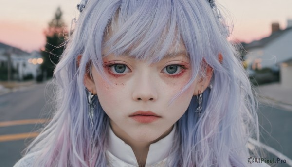 1girl,solo,long hair,looking at viewer,bangs,jewelry,closed mouth,white hair,earrings,outdoors,mole,blurry,lips,grey eyes,mole under eye,blurry background,expressionless,portrait,freckles,realistic,straight-on,green eyes,multicolored hair,eyelashes,depth of field,close-up,nose,road