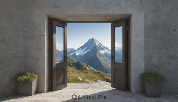 outdoors,sky,day,cloud,blue sky,no humans,window,shadow,grass,plant,scenery,mountain,door,potted plant,wall,mountainous horizon,flower pot