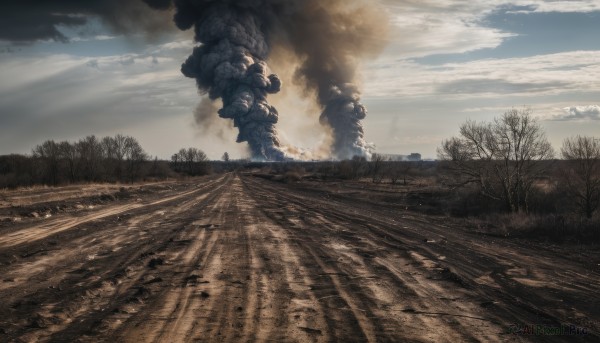 outdoors,sky,day,cloud,tree,no humans,cloudy sky,fire,nature,scenery,forest,smoke,explosion,military,grass,military vehicle,damaged,burning