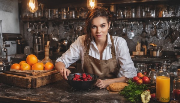 1girl,solo,long hair,looking at viewer,smile,blue eyes,brown hair,shirt,holding,brown eyes,white shirt,upper body,food,collared shirt,indoors,apron,cup,lips,fruit,bottle,alcohol,sleeves rolled up,drinking glass,bowl,realistic,apple,basket,bread,shelf,orange (fruit),kitchen,wine bottle,sleeves pushed up,jar,bar (place),counter,cutting board,table,knife,spoon,lemon