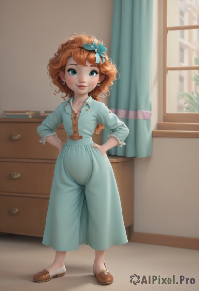 1girl,solo,long hair,looking at viewer,blush,smile,blue eyes,brown hair,hair ornament,dress,bow,jewelry,closed mouth,standing,full body,hair bow,earrings,shoes,pants,indoors,orange hair,flat chest,aqua eyes,lips,window,blue dress,blue bow,brown footwear,curtains,child,freckles,curly hair,hands on hips,female child,potted plant,slippers,drawer,green eyes,collarbone,red hair,book,alternate hairstyle,aged down,realistic