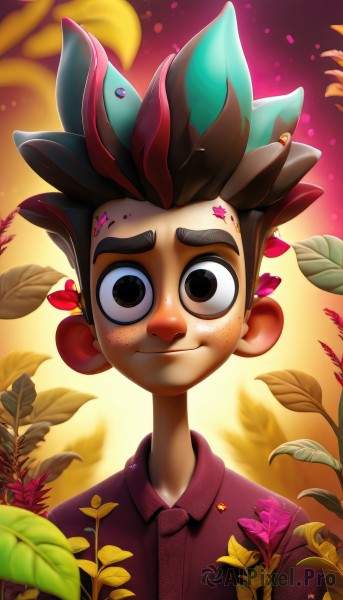 solo,looking at viewer,smile,brown hair,shirt,1boy,brown eyes,closed mouth,upper body,flower,male focus,multicolored hair,collared shirt,artist name,blurry,black eyes,leaf,thick eyebrows,plant,red shirt,freckles,black hair,red hair,two-tone hair,watermark,spiked hair,web address