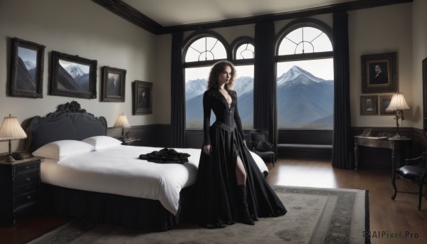 1girl,solo,long hair,breasts,looking at viewer,brown hair,black hair,long sleeves,dress,cleavage,jewelry,medium breasts,closed mouth,standing,full body,boots,day,indoors,necklace,black footwear,black dress,high heels,pillow,book,window,bed,shadow,on bed,chair,table,knee boots,curtains,scenery,couch,wooden floor,long dress,lamp,photo (object),bedroom,wide shot,picture frame,painting (object),piano,carpet,drawer,picture (object),rug,chest of drawers,weapon,gun,mountain