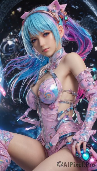 1girl,solo,long hair,breasts,looking at viewer,bangs,blue eyes,hair ornament,thighhighs,gloves,bow,holding,cleavage,bare shoulders,jewelry,medium breasts,sitting,closed mouth,blue hair,ponytail,pink hair,multicolored hair,hairband,earrings,detached sleeves,elbow gloves,nail polish,two-tone hair,leotard,lips,fingernails,gradient hair,makeup,bridal gauntlets,blue nails,science fiction,pink lips,realistic,controller,game controller,twintails,fingerless gloves,watermark,nose,pink thighhighs,pink gloves