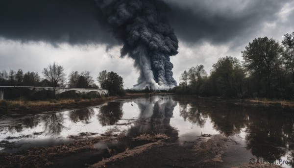 outdoors,sky,day,cloud,water,tree,no humans,cloudy sky,nature,scenery,forest,reflection,monster,river,fog,smoke