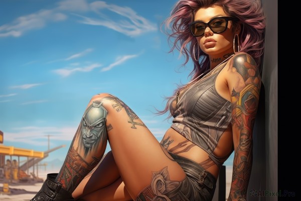 1girl,solo,long hair,breasts,looking at viewer,brown hair,jewelry,medium breasts,sitting,closed mouth,pink hair,thighs,earrings,boots,outdoors,sky,shorts,day,midriff,belt,cloud,dark skin,blurry,from side,dark-skinned female,blue sky,lips,crop top,short shorts,tattoo,makeup,blurry background,sunglasses,tank top,science fiction,knee up,hoop earrings,realistic,nose,against wall,arm tattoo,shoulder tattoo,cyborg,reclining,leg tattoo,desert,aviator sunglasses,blue eyes,purple hair,sleeveless,choker,chair,piercing,tan,ankle boots,tinted eyewear,beach chair