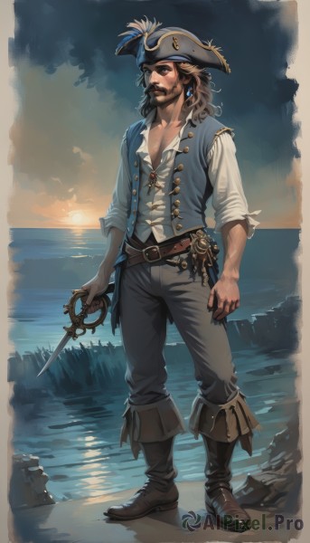 solo,long hair,brown hair,shirt,1boy,hat,holding,brown eyes,jewelry,standing,full body,white shirt,weapon,male focus,earrings,boots,outdoors,open clothes,sky,belt,pants,sword,water,holding weapon,vest,facial hair,ocean,brown footwear,holding sword,ring,knife,beard,rock,mustache,sun,brown belt,dagger,blue vest,hat feather,pirate hat,rapier,pirate,blonde hair,eyepatch,sunset