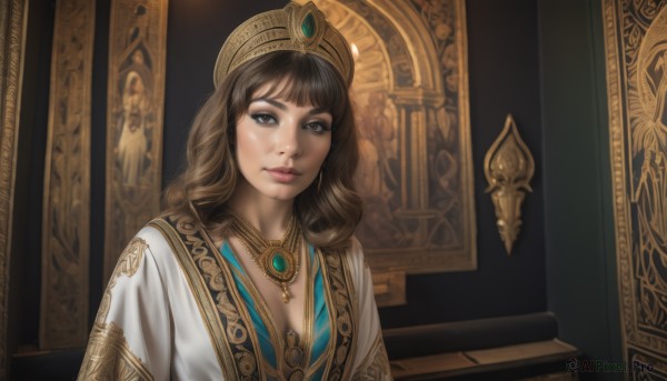 1girl,solo,long hair,breasts,looking at viewer,bangs,brown hair,dress,cleavage,brown eyes,jewelry,medium breasts,closed mouth,upper body,indoors,necklace,lips,makeup,crown,gem,pendant,realistic,nose,headdress,black hair,portrait,throne