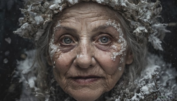 1girl,solo,looking at viewer,blue eyes,closed mouth,grey hair,blurry,lips,grey eyes,portrait,snow,snowing,realistic,branch,snowflakes,old,old man,old woman,wrinkled skin,1boy,male focus,facial hair,beard,close-up,nose