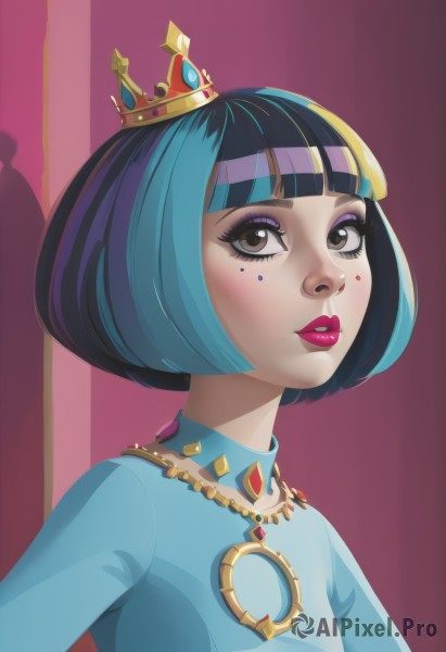 1girl,solo,looking at viewer,short hair,bangs,shirt,black hair,brown eyes,jewelry,blue hair,upper body,purple hair,multicolored hair,blunt bangs,necklace,black eyes,two-tone hair,lips,eyelashes,mole under eye,makeup,shadow,facial mark,bob cut,crown,blue shirt,lipstick,gem,eyeshadow,eyeliner,mascara,parted lips,teeth,mole,pink background,pink lips,nose,silhouette,mini crown