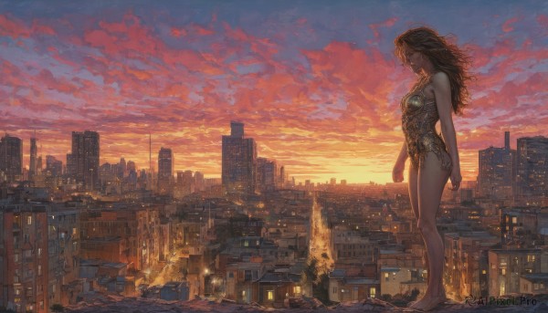 1girl,solo,long hair,breasts,brown hair,bare shoulders,medium breasts,standing,outdoors,sky,barefoot,cloud,armor,bare legs,profile,cloudy sky,building,scenery,sunset,city,cityscape,skyscraper,rooftop,black hair,jewelry,closed mouth,full body,closed eyes,earrings,from side,bare arms,realistic,arms at sides,giant,wide shot,giantess,evening,orange sky,orange theme,dusk