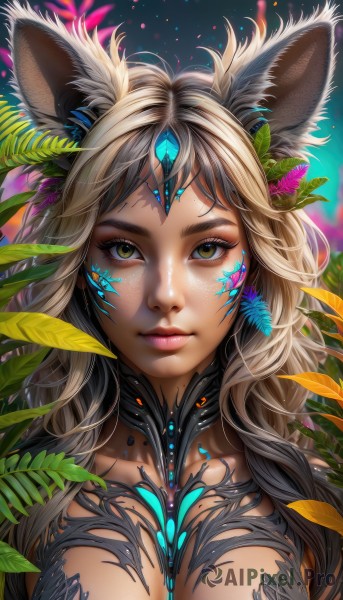 1girl,solo,long hair,breasts,looking at viewer,smile,blonde hair,large breasts,brown hair,hair ornament,animal ears,cleavage,brown eyes,closed mouth,green eyes,yellow eyes,upper body,flower,multicolored hair,artist name,lips,fox ears,eyelashes,makeup,leaf,watermark,facial mark,plant,slit pupils,portrait,close-up,freckles,nose,mascara,collarbone,realistic,facepaint