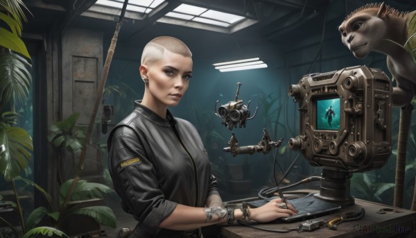 1girl,solo,breasts,looking at viewer,short hair,blonde hair,shirt,holding,brown eyes,jewelry,medium breasts,jacket,upper body,earrings,indoors,bracelet,lips,ring,plant,robot,ear piercing,sleeves rolled up,science fiction,watch,pen,wristwatch,lamp,bald,very short hair,monitor,cyborg,tattoo,leaf,piercing,realistic,sleeves pushed up,cyberpunk