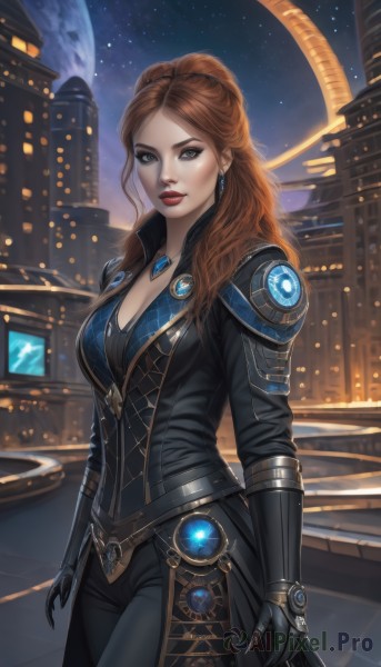 1girl,solo,long hair,breasts,looking at viewer,brown hair,gloves,cleavage,brown eyes,jewelry,medium breasts,standing,cowboy shot,earrings,outdoors,parted lips,sky,black gloves,pants,necklace,armor,lips,bodysuit,makeup,night,black pants,moon,lipstick,gauntlets,building,gem,star (sky),night sky,starry sky,city,red lips,planet,ponytail,grey eyes,eyeshadow,science fiction,realistic,space,city lights