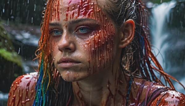 1girl, solo, long hair, blue eyes, upper body, multicolored hair, dark skin, blurry, lips, wet, eyelashes, blood, blurry background, looking away, portrait, rain, blood on face, realistic, nose, wet hair