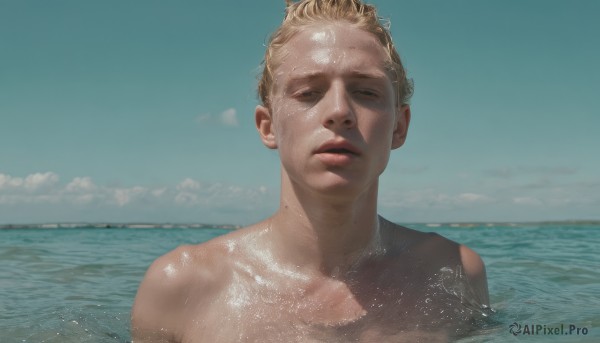 solo,short hair,blonde hair,1boy,collarbone,closed eyes,upper body,male focus,nude,outdoors,parted lips,sky,day,cloud,signature,water,mole,blue sky,lips,wet,ocean,portrait,facing viewer,partially submerged,realistic,nose,horizon,wet hair,1girl,looking at viewer,blue eyes,bare shoulders,swimsuit,mole on cheek