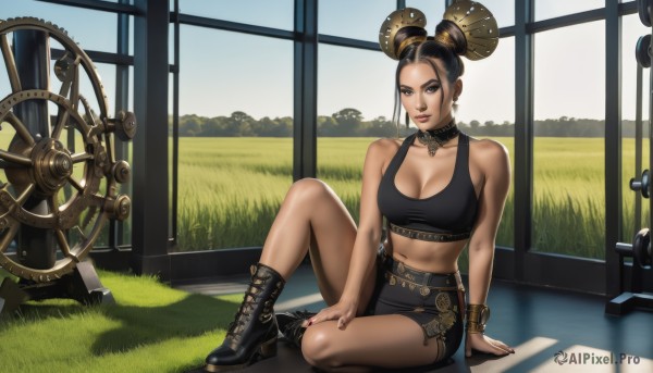 1girl,solo,breasts,looking at viewer,skirt,large breasts,black hair,navel,cleavage,brown eyes,jewelry,sitting,full body,thighs,earrings,boots,shorts,choker,day,midriff,belt,indoors,hair bun,nail polish,black footwear,black eyes,bracelet,lips,short shorts,window,double bun,makeup,abs,tank top,grass,forehead,cross-laced footwear,high heel boots,knee up,toned,sports bra,nose,on floor,lace-up boots,ankle boots,gym,dumbbell,hair ornament,bare shoulders,medium breasts,collarbone,multicolored hair,outdoors,dark skin,miniskirt,black skirt,mole,two-tone hair,dark-skinned female,crop top,pencil skirt,hoop earrings