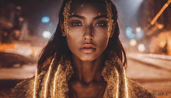 1girl,solo,long hair,looking at viewer,brown hair,black hair,brown eyes,jewelry,upper body,earrings,parted lips,dark skin,blurry,dark-skinned female,lips,depth of field,blurry background,ground vehicle,portrait,motor vehicle,freckles,realistic,nose,car,very dark skin,collarbone,outdoors,night,bokeh