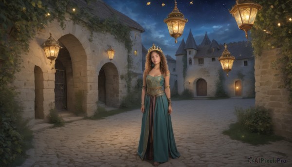 1girl,solo,long hair,breasts,looking at viewer,brown hair,dress,cleavage,bare shoulders,jewelry,medium breasts,standing,full body,outdoors,sky,cloud,bracelet,tree,lips,night,blue dress,tiara,crown,plant,building,star (sky),night sky,scenery,starry sky,green dress,lantern,long dress,arms at sides,bush,house,lamppost,princess,ivy,brown eyes,braid,grass,bug,butterfly