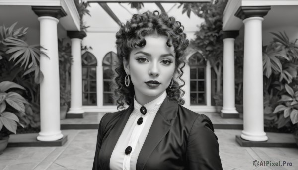 1girl,solo,long hair,breasts,looking at viewer,smile,shirt,jewelry,closed mouth,jacket,monochrome,upper body,greyscale,earrings,indoors,lips,window,makeup,buttons,formal,suit,plant,lipstick,curly hair,hoop earrings,realistic,potted plant,pillar,arch,column,outdoors,parted lips,collared shirt,medium hair,leaf,bush,garden