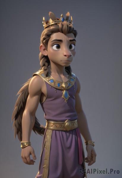 solo,long hair,simple background,brown hair,1boy,bare shoulders,brown eyes,jewelry,closed mouth,standing,tail,braid,male focus,cowboy shot,sleeveless,belt,dark skin,grey background,necklace,bracelet,gradient background,dark-skinned male,crown,child,arms at sides,male child,wings,artist name,twin braids,gradient,aged down,freckles,bracer