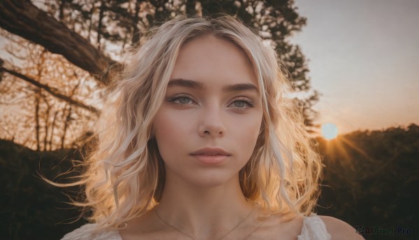 1girl,solo,long hair,looking at viewer,blue eyes,blonde hair,jewelry,closed mouth,collarbone,outdoors,medium hair,necklace,mole,tree,lips,grey eyes,sunlight,portrait,forehead,realistic,nose,sun,mole on cheek,dress,parted lips,blurry,eyelashes,wavy hair,mole under mouth,sunset,branch,mole on neck