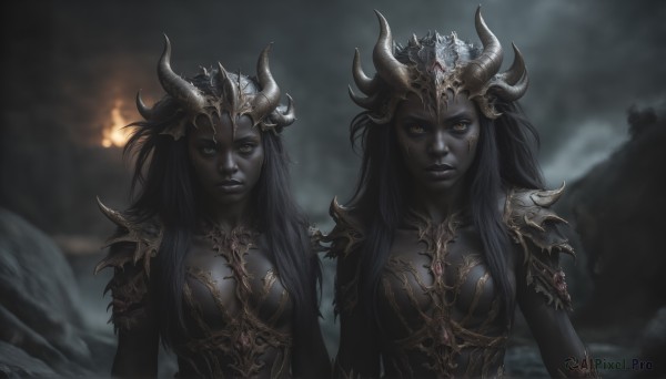 HQ,long hair,breasts,looking at viewer,multiple girls,black hair,red eyes,2girls,cleavage,medium breasts,closed mouth,upper body,small breasts,outdoors,horns,armor,blurry,lips,orange eyes,blurry background,colored skin,facial mark,fire,shoulder armor,dual persona,pauldrons,grey skin,black skin,yellow eyes,heterochromia,pale skin