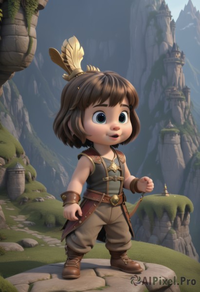 1girl,solo,smile,short hair,open mouth,bangs,blue eyes,brown hair,shirt,hair ornament,1boy,jewelry,standing,full body,weapon,male focus,boots,outdoors,parted lips,teeth,sleeveless,day,belt,pants,sword,chibi,vest,lips,brown footwear,feathers,knife,child,rock,mountain,feather hair ornament,brown pants,cliff,faux figurine