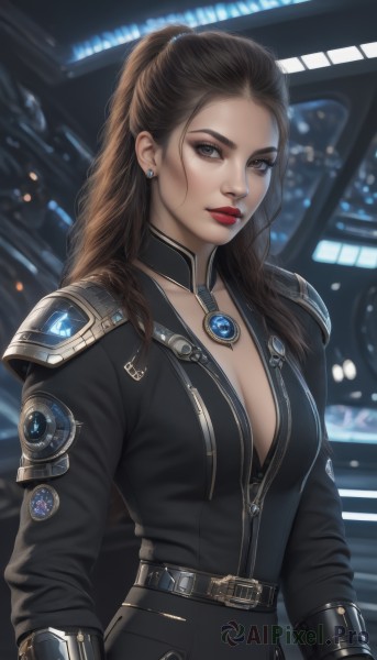 1girl,solo,long hair,breasts,looking at viewer,brown hair,gloves,long sleeves,cleavage,brown eyes,jewelry,medium breasts,collarbone,upper body,ponytail,earrings,parted lips,choker,belt,armor,blurry,lips,bodysuit,makeup,blurry background,lipstick,eyeshadow,science fiction,nose,red lips,eyeliner,closed mouth,signature,necklace,realistic,emblem