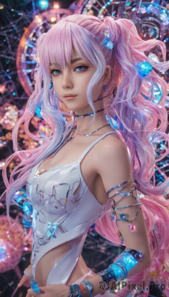 1girl,solo,long hair,breasts,looking at viewer,bangs,blue eyes,hair ornament,cleavage,twintails,jewelry,upper body,pink hair,multicolored hair,earrings,small breasts,parted lips,choker,necklace,bracelet,lips,wavy hair,gem,armlet,crystal,realistic,bare shoulders,medium breasts,closed mouth,artist name,from side,hand on hip,gradient hair,ring,nose