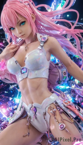 1girl,solo,long hair,breasts,looking at viewer,smile,blue eyes,hair ornament,navel,cleavage,jewelry,medium breasts,swimsuit,pink hair,bikini,midriff,necklace,aqua eyes,science fiction,bangs,hair between eyes,bare shoulders,closed mouth,underwear,thighs,hairband,shiny,armpits,stomach,armor,lips,crop top,watermark,white bikini,gem,web address,pendant,zipper,realistic