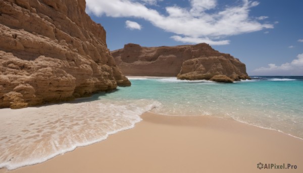 outdoors,sky,day,cloud,water,blue sky,no humans,ocean,beach,cloudy sky,scenery,rock,sand,horizon,waves,shore