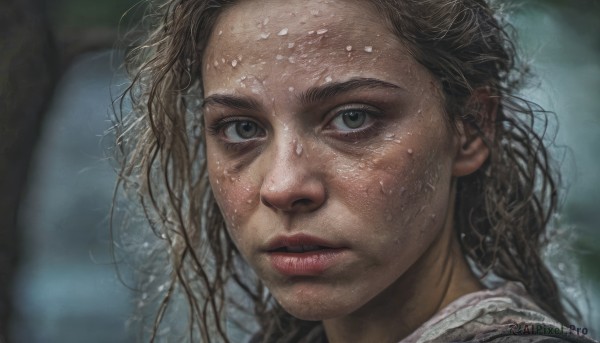 1girl,solo,long hair,looking at viewer,brown hair,shirt,brown eyes,closed mouth,white shirt,dark skin,water,blurry,lips,wet,blurry background,portrait,wet clothes,freckles,realistic,nose,wet hair,sweat,parted lips,eyelashes,close-up,forehead,dirty