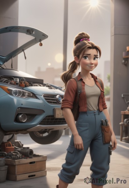 1girl,solo,long hair,breasts,looking at viewer,smile,brown hair,shirt,hair ornament,brown eyes,medium breasts,standing,jacket,ponytail,weapon,outdoors,pants,bag,lips,gun,scrunchie,thick eyebrows,tank top,denim,ground vehicle,holding gun,motor vehicle,red jacket,handgun,sleeves rolled up,jeans,car,holster,motorcycle,revolver,wrench,collarbone,blurry,window,blurry background,box,freckles,nose,overalls,crate