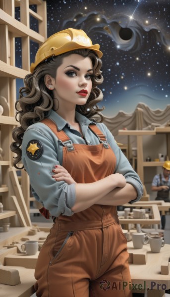 1girl,long hair,breasts,looking at viewer,brown hair,shirt,black hair,1boy,hat,brown eyes,jewelry,closed mouth,standing,cowboy shot,earrings,outdoors,sky,solo focus,collared shirt,star (symbol),nail polish,uniform,black eyes,cup,lips,makeup,night,wavy hair,crossed arms,helmet,blue shirt,lipstick,star (sky),night sky,red nails,sleeves rolled up,starry sky,curly hair,nose,red lips,stud earrings,overalls,badge,yellow headwear,shooting star,hardhat,parted lips,apron,baseball cap,mug,realistic,name tag,coffee,jumpsuit,coffee mug