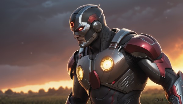 solo,red eyes,1boy,upper body,male focus,outdoors,sky,cloud,armor,glowing,helmet,glowing eyes,science fiction,sunset,power armor,android,forehead jewel,cyborg