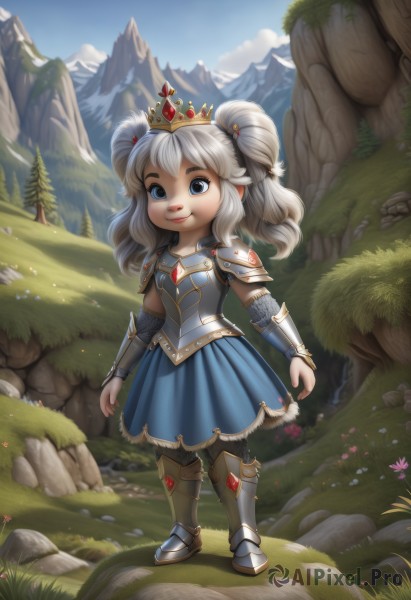 1girl,solo,long hair,looking at viewer,smile,blue eyes,skirt,dress,twintails,standing,full body,flower,white hair,grey hair,boots,outdoors,sky,day,cloud,armor,tree,blue sky,blue skirt,grass,aged down,crown,shoulder armor,child,nature,pauldrons,breastplate,rock,mountain,armored dress,armored boots,greaves,pantyhose