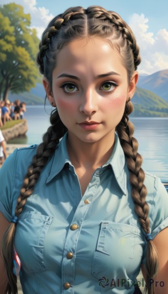 1girl,solo,long hair,breasts,looking at viewer,blush,smile,brown hair,shirt,black hair,twintails,brown eyes,jewelry,medium breasts,closed mouth,white shirt,upper body,braid,short sleeves,earrings,outdoors,sky,solo focus,day,collared shirt,artist name,cloud,water,blurry,twin braids,tree,blue sky,lips,head tilt,eyelashes,dress shirt,buttons,depth of field,blurry background,ocean,watermark,sunlight,cloudy sky,blue shirt,denim,wing collar,hair over shoulder,web address,forehead,freckles,pocket,mountain,realistic,nose,stud earrings,breast pocket,deviantart username,multiple girls,green eyes,thick eyebrows,selfie,lake,polo shirt,thick lips