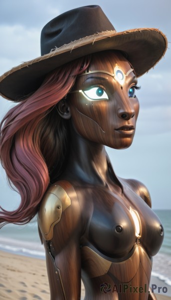 1girl,solo,long hair,breasts,blue eyes,hat,nipples,upper body,pink hair,nude,red hair,small breasts,outdoors,parted lips,sky,day,dark skin,dark-skinned female,lips,colored skin,ocean,beach,freckles,science fiction,nose,sand,straw hat,android,joints,forehead jewel,cyborg,robot joints,dark nipples,brown hair,cloud,makeup,glowing,glowing eyes,facepaint