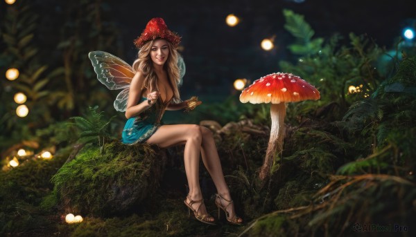 1girl,solo,long hair,breasts,looking at viewer,blonde hair,large breasts,brown hair,dress,cleavage,bare shoulders,jewelry,medium breasts,sitting,outdoors,wings,blurry,high heels,bracelet,tree,lips,legs,bare legs,night,depth of field,blue dress,short dress,sandals,plant,nature,forest,fairy wings,fairy,mushroom,smile,blue eyes,hat,shoes,nail polish,makeup,lipstick,minigirl,realistic