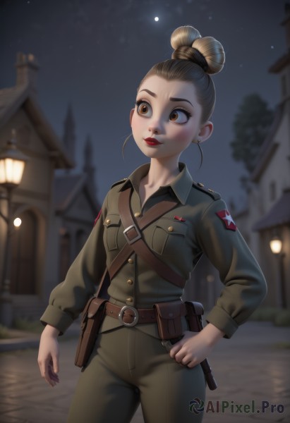 1girl,solo,blonde hair,brown hair,shirt,long sleeves,brown eyes,jewelry,closed mouth,standing,jacket,weapon,cowboy shot,earrings,outdoors,sky,belt,pants,artist name,hair bun,star (symbol),blurry,uniform,tree,lips,gun,looking to the side,military,military uniform,makeup,night,blurry background,moon,single hair bun,lipstick,building,star (sky),night sky,buckle,pocket,pouch,belt buckle,green jacket,red lips,brown belt,holster,belt pouch,lamppost,green pants,world war ii,soldier,holstered weapon,soviet,smile,breast pocket,house,military jacket