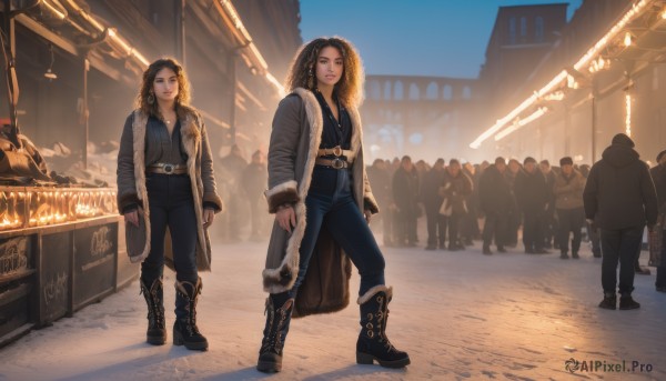 long hair,looking at viewer,multiple girls,brown hair,shirt,black hair,long sleeves,2girls,brown eyes,jewelry,closed mouth,standing,jacket,boots,outdoors,multiple boys,open clothes,solo focus,day,belt,pants,hood,necklace,black footwear,lips,coat,fur trim,black shirt,knee boots,denim,ground vehicle,motor vehicle,buckle,cross-laced footwear,walking,6+boys,open coat,jeans,belt buckle,realistic,arms at sides,winter clothes,multiple others,fur-trimmed coat,crowd,fur-trimmed boots,fur coat,people,parka,breasts,earrings,sky