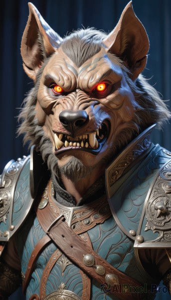 solo,looking at viewer,open mouth,1boy,animal ears,yellow eyes,upper body,male focus,teeth,artist name,signature,armor,orange eyes,glowing,facial hair,fangs,wolf ears,sharp teeth,slit pupils,shoulder armor,glowing eyes,beard,furry,colored sclera,pauldrons,furry male,wolf,chainmail,werewolf,red eyes,white hair,blurry background,breastplate,fantasy,snout