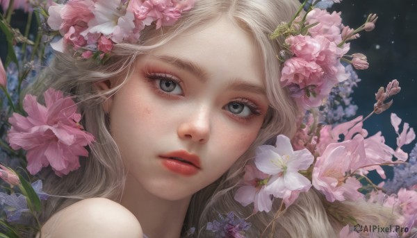 1girl, solo, long hair, looking at viewer, blonde hair, hair ornament, flower, parted lips, hair flower, lips, grey eyes, eyelashes, portrait, pink flower, realistic