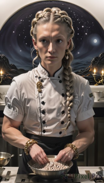 1girl,solo,long hair,looking at viewer,blonde hair,shirt,holding,brown eyes,jewelry,closed mouth,white shirt,upper body,braid,short sleeves,earrings,food,sky,indoors,bracelet,window,single braid,night,buttons,scar,moon,star (sky),night sky,hair over shoulder,full moon,bowl,braided ponytail,realistic,spoon,candle,holding bowl,whisk,mixing bowl,soup,apron,lips,see-through,nose,cooking,kitchen,sink,chef,cutting board