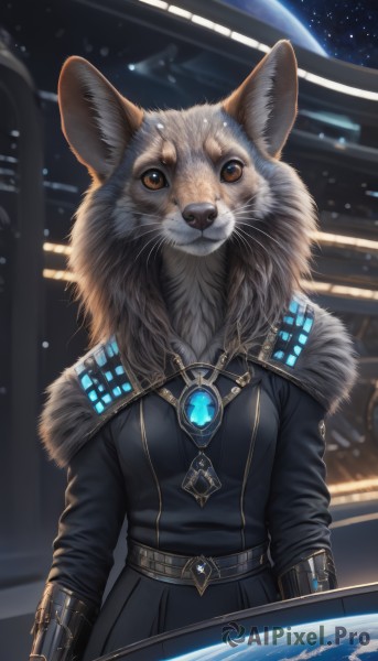 1girl,solo,breasts,looking at viewer,long sleeves,dress,brown eyes,jewelry,upper body,belt,signature,black dress,no humans,animal,brooch,gem,star (sky),furry,fur collar,furry female,space,body fur,animal focus,white fur,straight-on,planet,whiskers,earth (planet),fluffy,small breasts,fur trim,science fiction,realistic