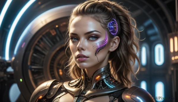 HQ,1girl,solo,long hair,looking at viewer,blue eyes,brown hair,hair ornament,jewelry,upper body,earrings,parted lips,blurry,lips,makeup,blurry background,portrait,forehead,science fiction,realistic,nose,cyborg,hair pulled back,cyberpunk,blonde hair,black hair,multicolored hair,teeth,eyelashes,bodysuit,glowing,facial mark,lipstick,messy hair,close-up,eyeshadow,backlighting,eyeliner,hologram