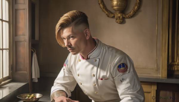 solo,looking at viewer,blonde hair,brown hair,long sleeves,1boy,brown eyes,closed mouth,jacket,upper body,male focus,food,indoors,uniform,military,window,military uniform,buttons,facial hair,white jacket,bowl,realistic,mustache,door,double-breasted,badge,medal,chef,short hair,table,sunlight,plate,american flag,real life insert,arm hair,patch